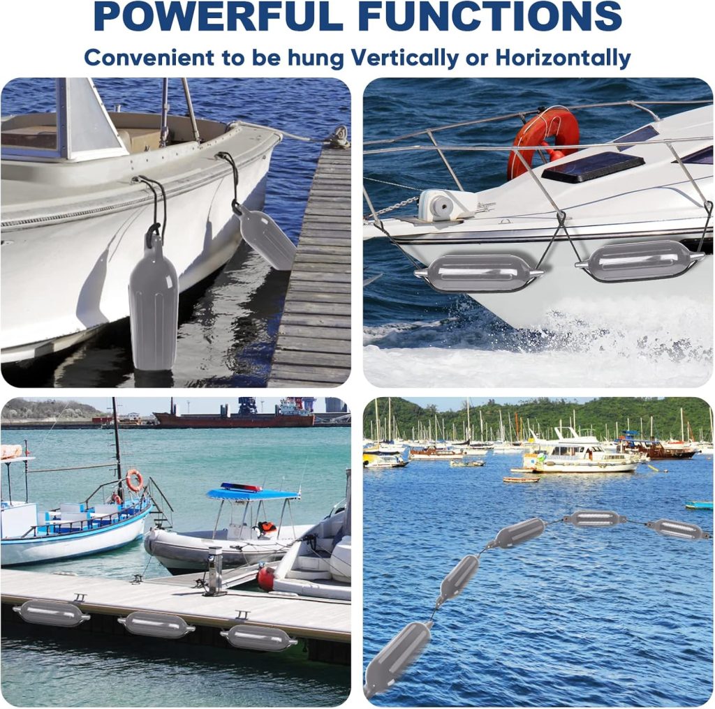 Dreizack Boat Fenders 4 Pack, Boat Bumpers for Docking with 4 Ropes, Inflatable Ribbed Marine Pontoon Boat Fender Bumper for Docks with 1 Storage Bag, 1 Air Pump and 4 Needles