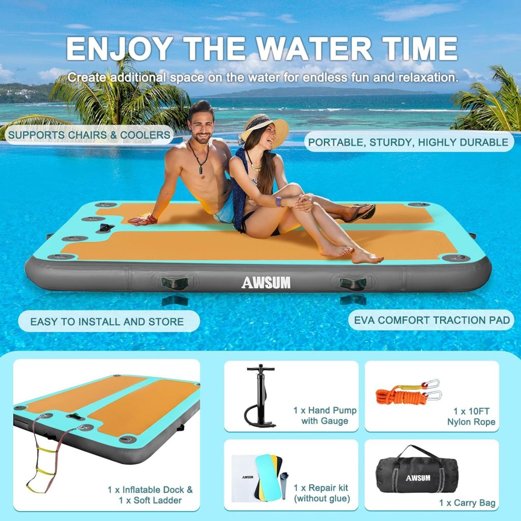 AWSUM Inflatable Floating Dock, 8ft/10ft Non-Slip EVA Surface Inflatable Swim Platform Dock for Lake, Inflatable Water Mat Floating Island Raft for Pool Beach Ocean AWSUM Inflatable Floating Dock, 8ft/10ft Non-Slip EVA Surface Inflatable Swim Platform Dock for Lake, Inflatable Water Mat Floating Island Raft for Pool Beach Ocean