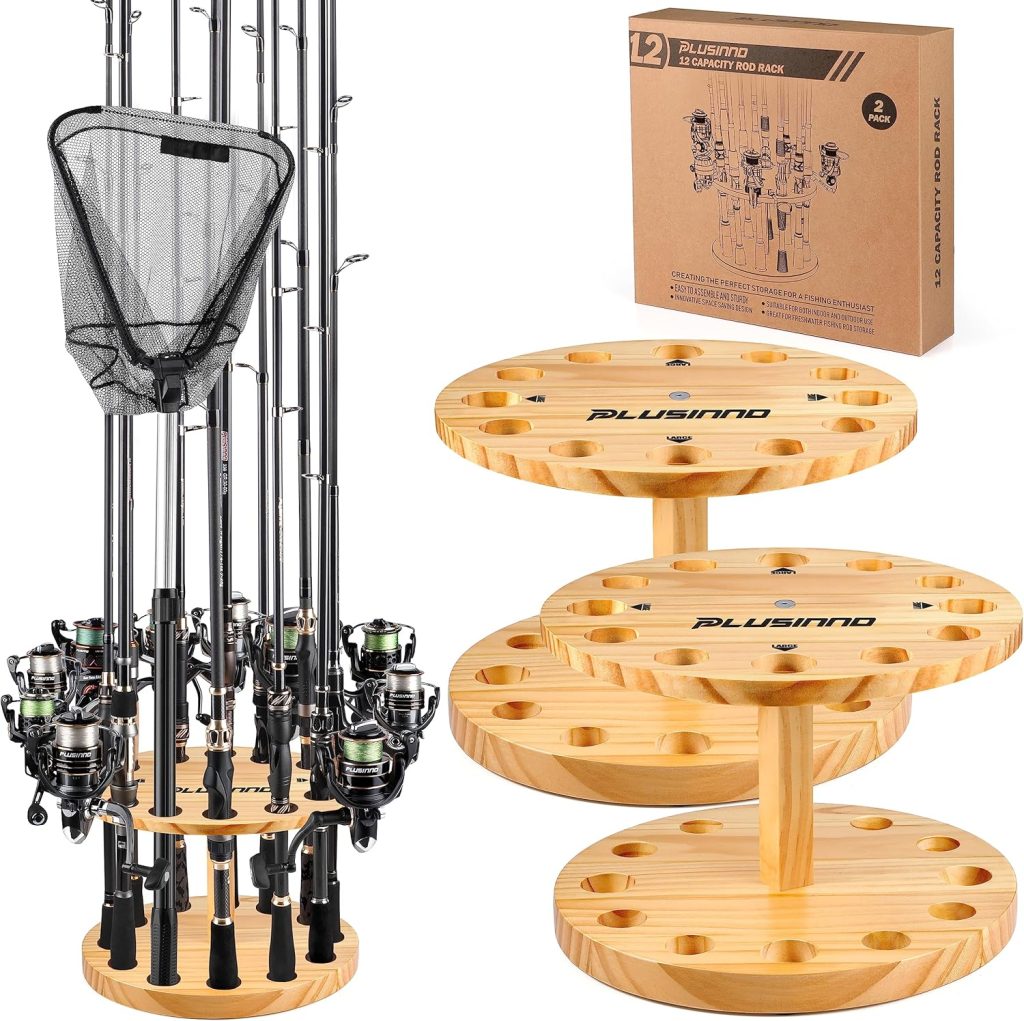 PLUSINNO V12 Fishing Rod Holders for Garage, Vertical Fishing Pole Holders Wooden Round Storage Floor Stand, Fishing Rod/Pole Rack PLUSINNO V12 Fishing Rod Holders for Garage, Vertical Fishing Pole Holders Wooden Round Storage Floor Stand, Fishing Rod/Pole Rack