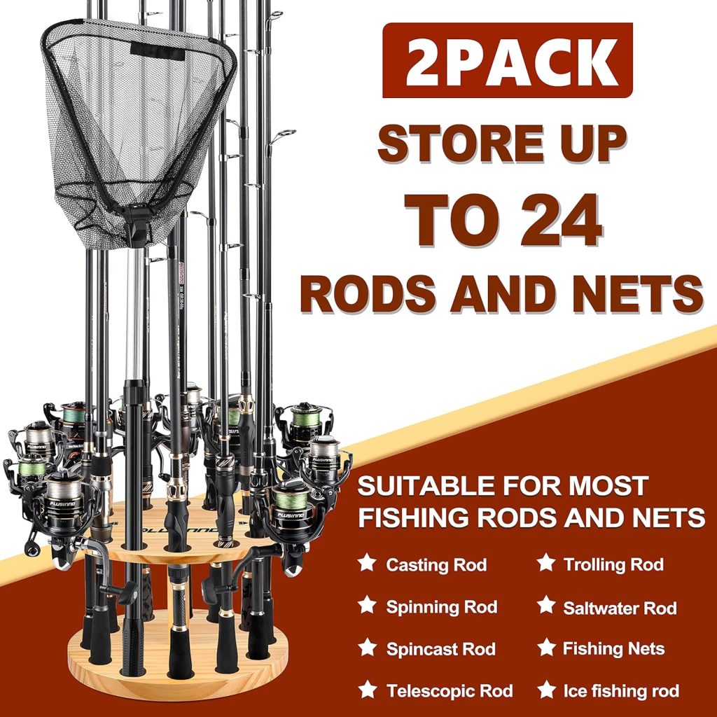 PLUSINNO V12 Fishing Rod Holders for Garage, Vertical Fishing Pole Holders Wooden Round Storage Floor Stand, Fishing Rod/Pole Rack PLUSINNO V12 Fishing Rod Holders for Garage, Vertical Fishing Pole Holders Wooden Round Storage Floor Stand, Fishing Rod/Pole Rack