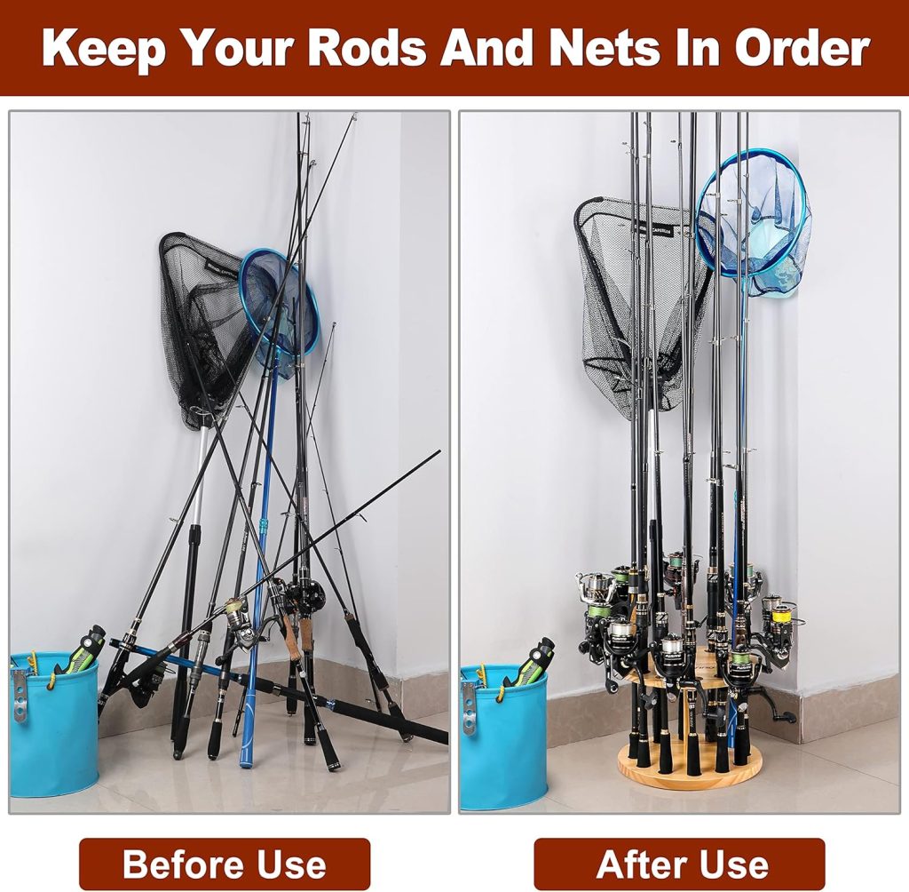 PLUSINNO V12 Fishing Rod Holders for Garage, Vertical Fishing Pole Holders Wooden Round Storage Floor Stand, Fishing Rod/Pole Rack PLUSINNO V12 Fishing Rod Holders for Garage, Vertical Fishing Pole Holders Wooden Round Storage Floor Stand, Fishing Rod/Pole Rack
