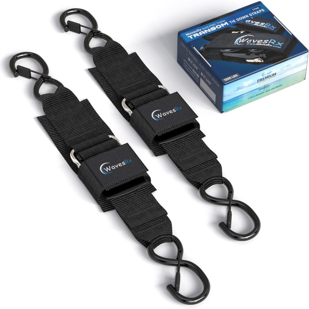 WavesRx Premium Boat Jet Ski Trailer Transom Straps - Marine Tie Downs - Adjustable via Quick Release Buckle - Must Have Boating Accessories for Safe and Secure Transportation of Your Watercraft WavesRx Premium Boat Jet Ski Trailer Transom Straps - Marine Tie Downs - Adjustable via Quick Release Buckle - Must Have Boating Accessories for Safe and Secure Transportation of Your Watercraft
