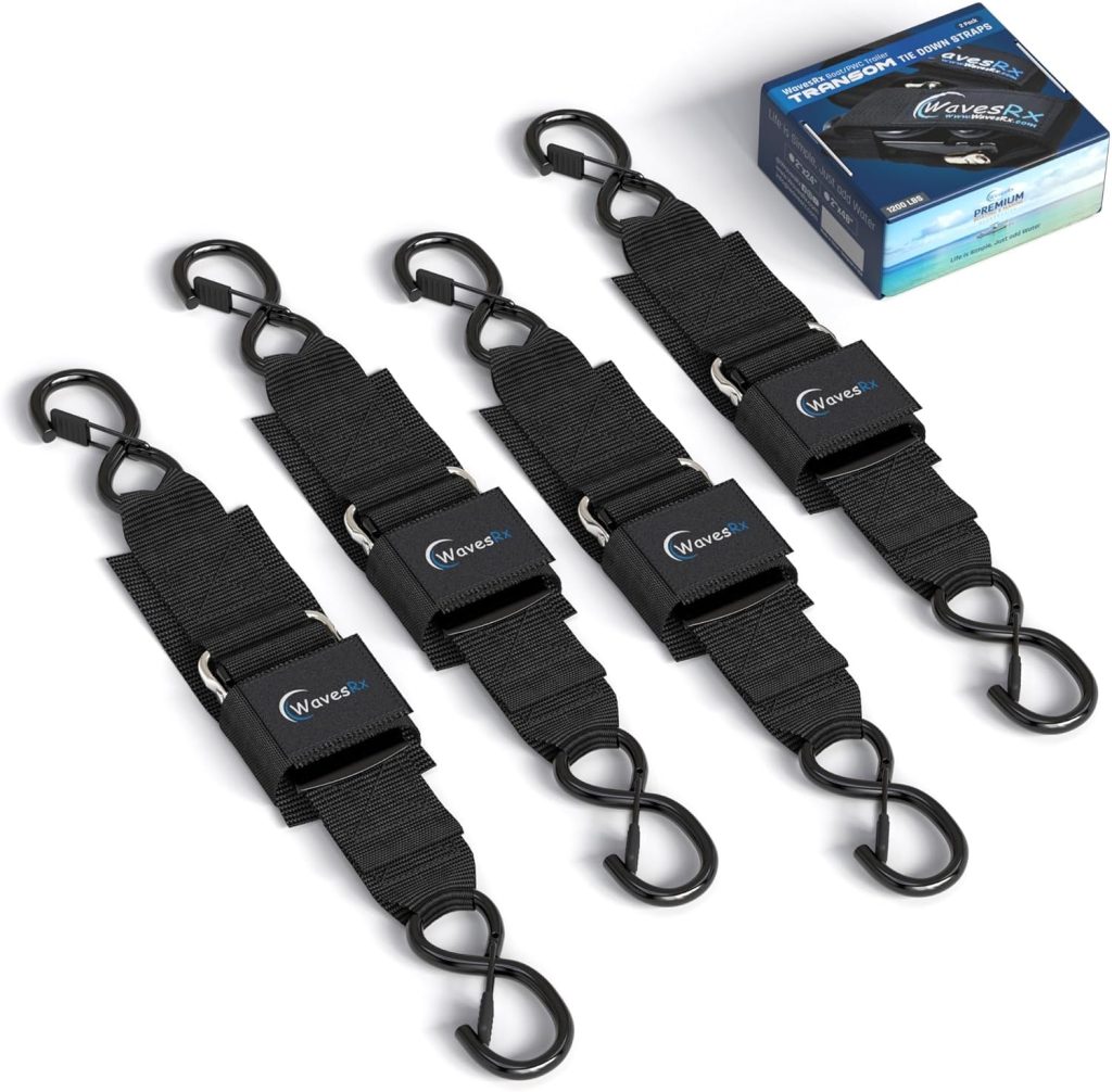 WavesRx Premium Boat Jet Ski Trailer Transom Straps - Marine Tie Downs - Adjustable via Quick Release Buckle - Must Have Boating Accessories for Safe and Secure Transportation of Your Watercraft WavesRx Premium Boat Jet Ski Trailer Transom Straps - Marine Tie Downs - Adjustable via Quick Release Buckle - Must Have Boating Accessories for Safe and Secure Transportation of Your Watercraft