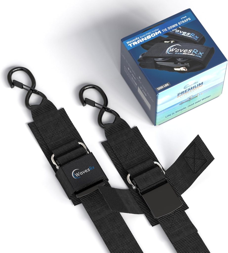 WavesRx Premium Boat Jet Ski Trailer Transom Straps - Marine Tie Downs - Adjustable via Quick Release Buckle - Must Have Boating Accessories for Safe and Secure Transportation of Your Watercraft WavesRx Premium Boat Jet Ski Trailer Transom Straps - Marine Tie Downs - Adjustable via Quick Release Buckle - Must Have Boating Accessories for Safe and Secure Transportation of Your Watercraft