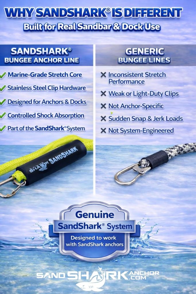SandShark Premium Anchor Bungee Dock Line. Boat Accessories Anchor Line Absorbs Shock to Anchors and Docks w/Stainless Steel Clip - Blue - 7-14ft SandShark Premium Anchor Bungee Dock Line. Boat Accessories Anchor Line Absorbs Shock to Anchors and Docks w/Stainless Steel Clip - Blue - 7-14ft