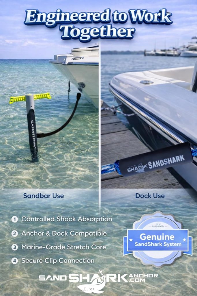 SandShark Premium Anchor Bungee Dock Line. Boat Accessories Anchor Line Absorbs Shock to Anchors and Docks w/Stainless Steel Clip - Blue - 7-14ft SandShark Premium Anchor Bungee Dock Line. Boat Accessories Anchor Line Absorbs Shock to Anchors and Docks w/Stainless Steel Clip - Blue - 7-14ft