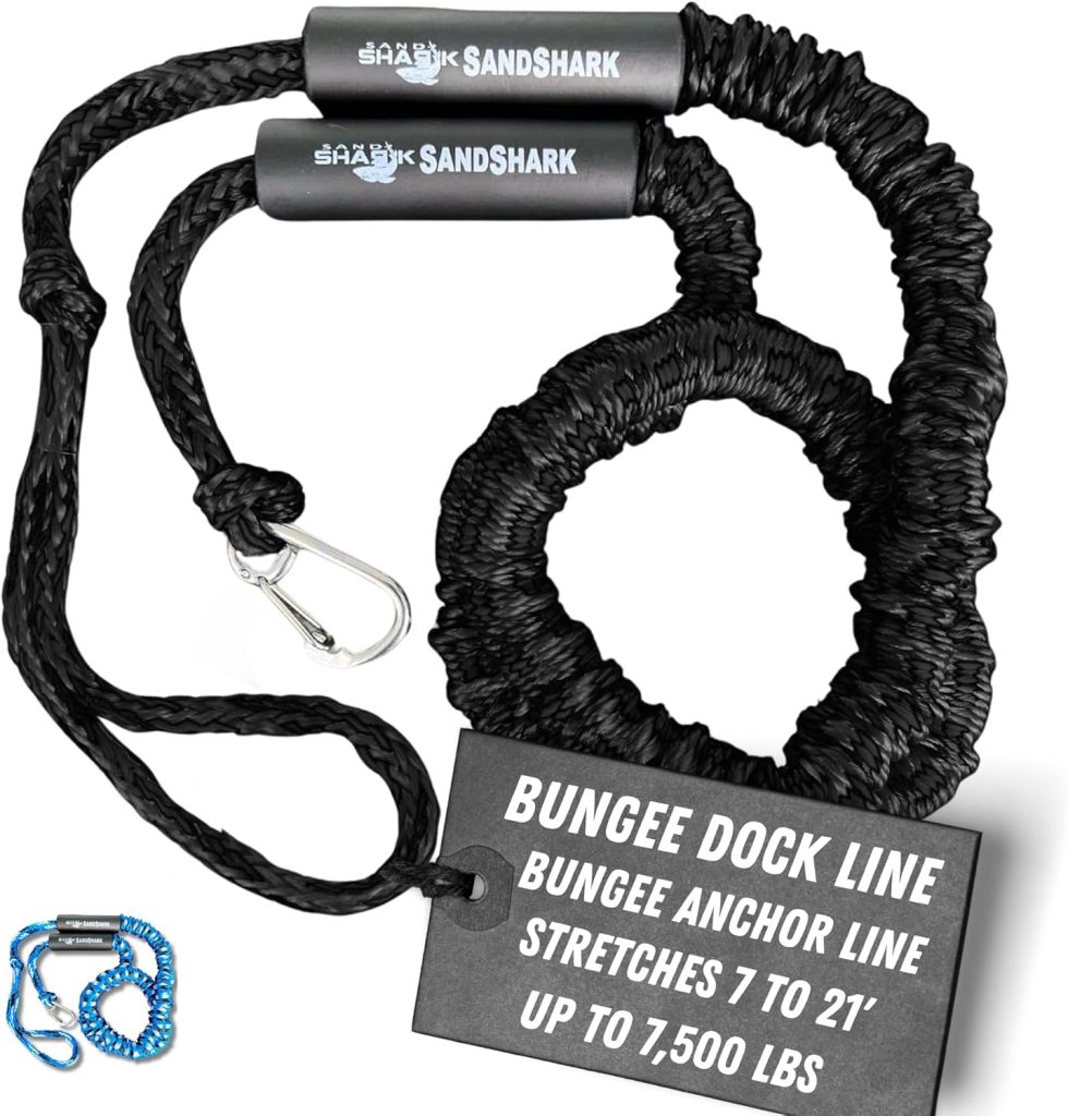 SandShark Premium Anchor Bungee Dock Line. Boat Accessories Anchor Line Absorbs Shock to Anchors and Docks w/Stainless Steel Clip - Blue - 7-14ft SandShark Premium Anchor Bungee Dock Line. Boat Accessories Anchor Line Absorbs Shock to Anchors and Docks w/Stainless Steel Clip - Blue - 7-14ft