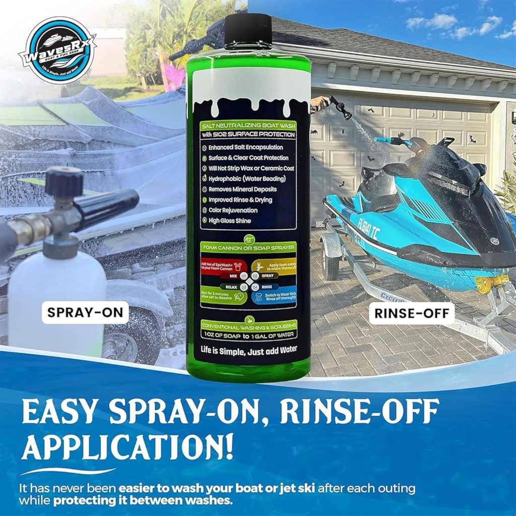 WAVESRX Salt Neutralizing Boat Soap Jet Ski Wash with SiO2 Surface Protection (EpicWash+), Marine Grade Cleaner Removes Salt Contaminants, Protective Ceramic Coating Prevents UV Damage WAVESRX Salt Neutralizing Boat Soap Jet Ski Wash with SiO2 Surface Protection (EpicWash+), Marine Grade Cleaner Removes Salt Contaminants, Protective Ceramic Coating Prevents UV Damage