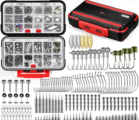 PLUSINNO 253/387pcs Fishing Gear Accessories Kit, Fishing Tackle Box with Tackle Included, Fishing Hooks, Fishing Weights Sinkers, Spinner Blade, Fishing Equipment for Bass Trout Bluegill Crappie