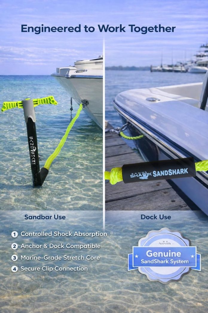 SandShark Premium Anchor Bungee Dock Line. Boat Accessories Anchor Line Absorbs Shock to Anchors and Docks w/Stainless Steel SandShark Premium Anchor Bungee Dock Line. Boat Accessories Anchor Line Absorbs Shock to Anchors and Docks w/Stainless Steel